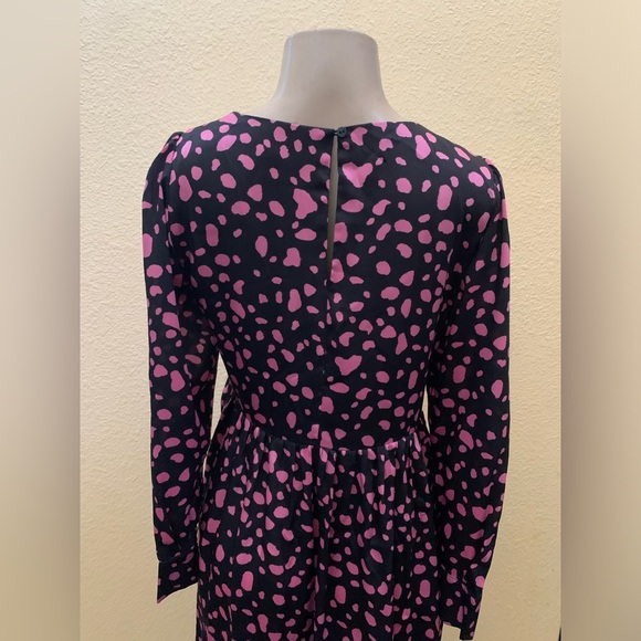 Zara Size Medium Black With Pink Polka Dots Printed Long Sleeve Midi Dress - Picture 9 of 13